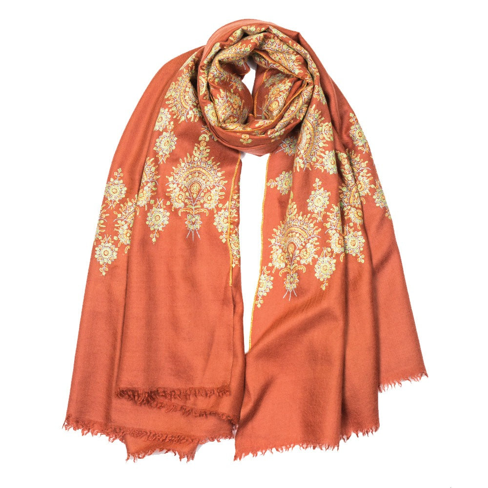 Embroidered Pashmina Shawl - Rust & Green