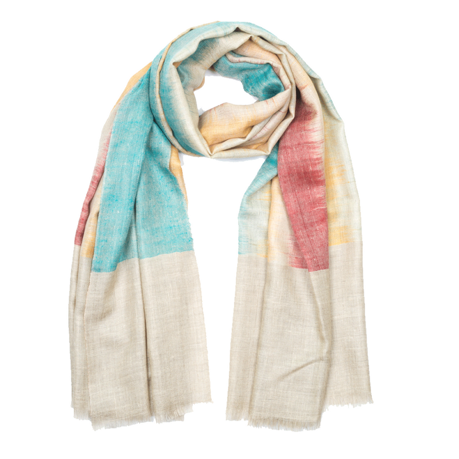 Ikat Cashmere Pashmina Stole - Beige & Blue