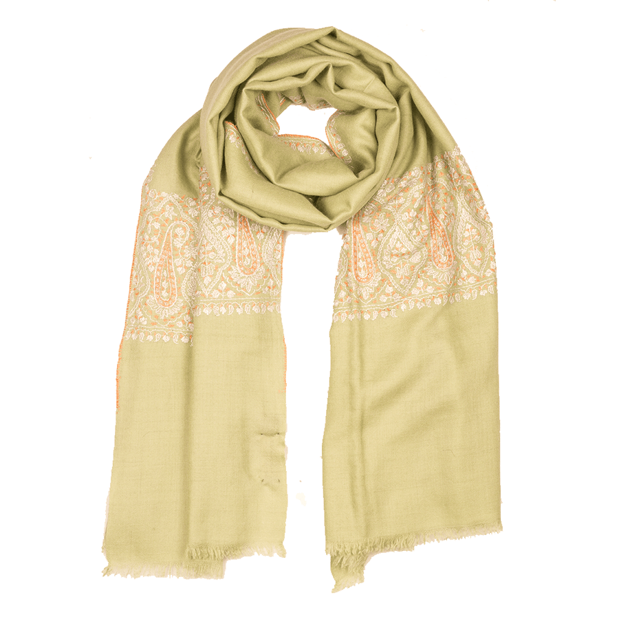 Embroidered Pashmina Stole - Seacrest Green & Orange
