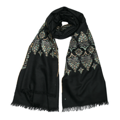 Embroidered Pashmina Shawl - Black & Aqua Yellow