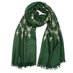 An emerald green pashmina shawl with detailed hand-embroidered floral patterns in pink.