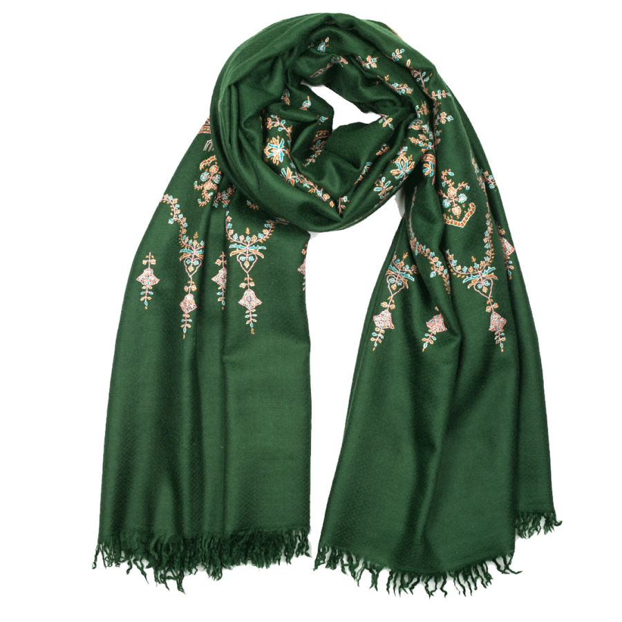 An emerald green pashmina shawl with detailed hand-embroidered floral patterns in pink.
