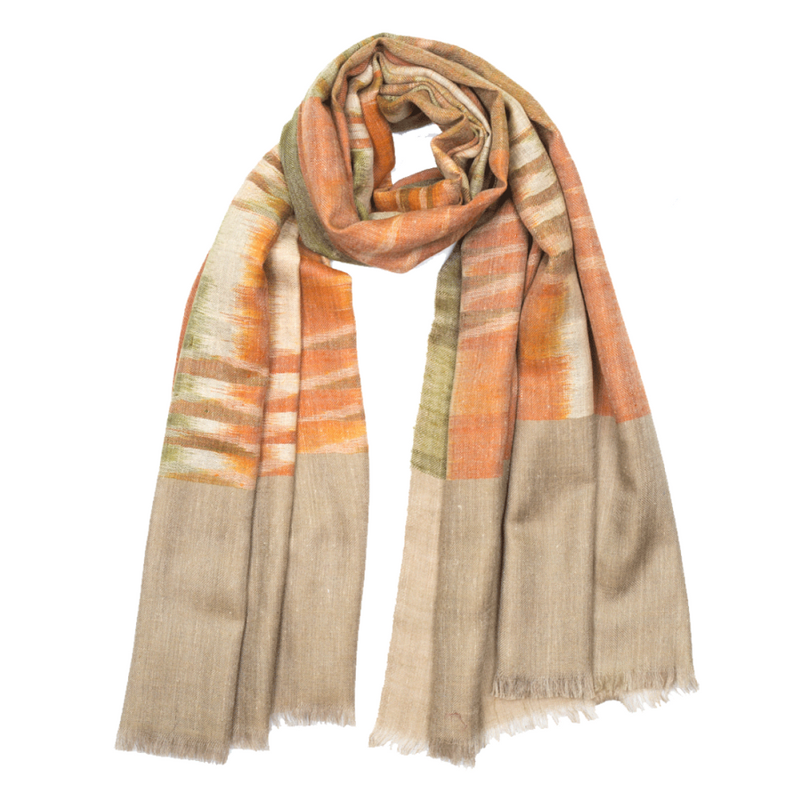Ikat Cashmere Pashmina Stole - Beige & Olive