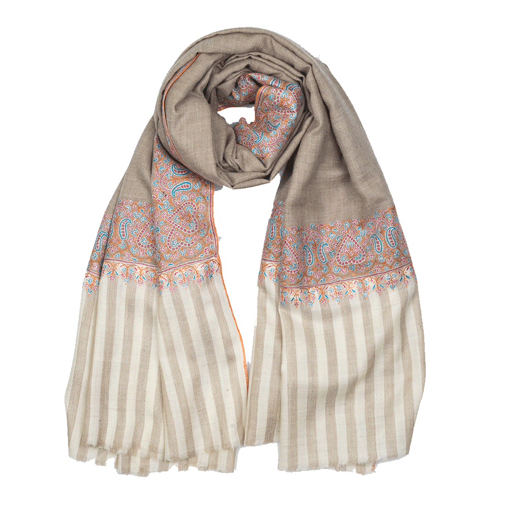 Embroidered Pashmina Shawl - Natural Stripe & Orange