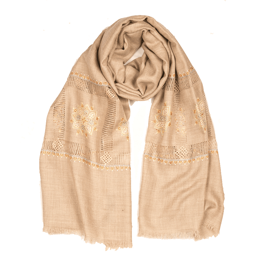 Embroidered Pashmina Stole - Natural & White
