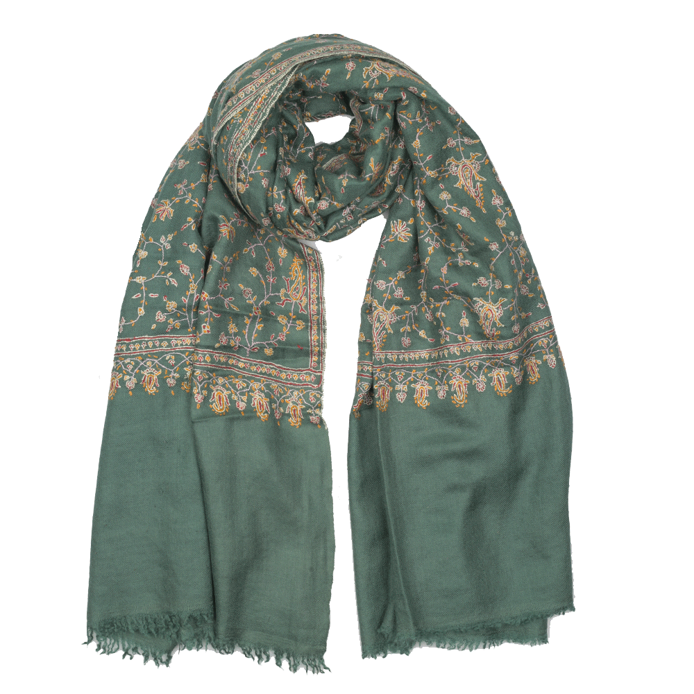 Buy Hand Embroidered Pashmina Shawl - Pine Green