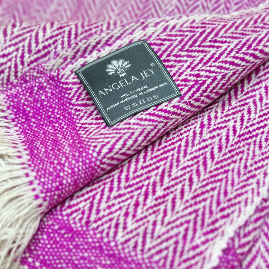 Cashmere Throw in Herringbone - Magenta & White