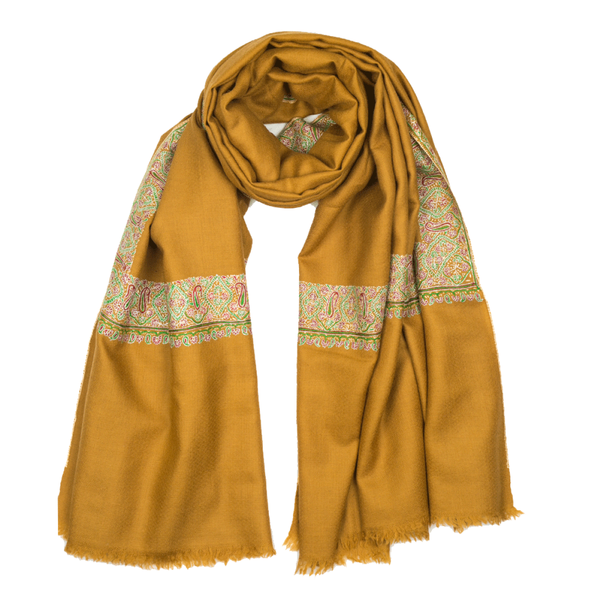 Embroidered Pashmina Shawl - Mustard & Green