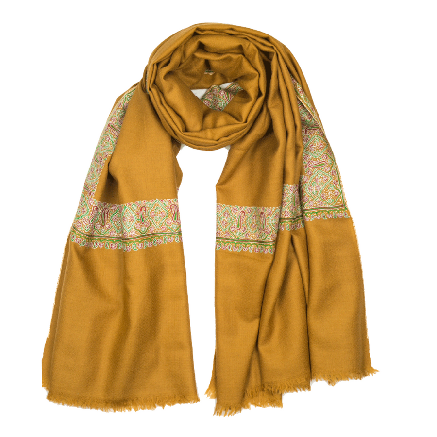 Hand-embroidered Pashmina shawl in mustard and green