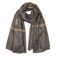 Embroidered Pashmina Shawl - Grey Blue & Pink Motif