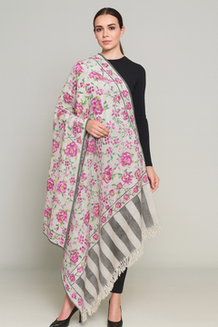 Handwoven Kani Pashmina Shawl - White Pink Flower