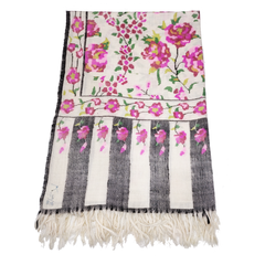 Handwoven Kani Pashmina Shawl - White Pink Flower