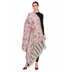 Handwoven Kani Pashmina Shawl - White Pink Flower