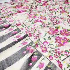 Handwoven Kani Pashmina Shawl - White Pink Flower