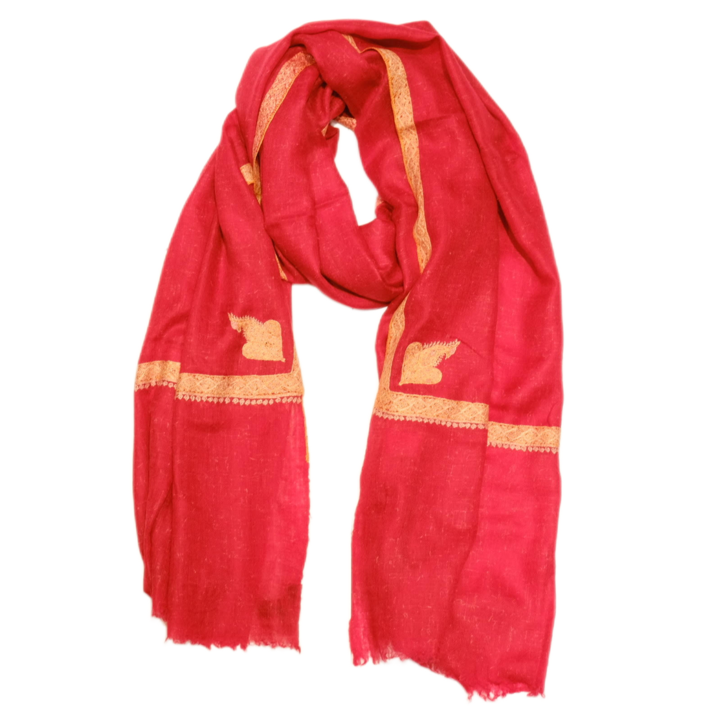 Red scarf with gold accents on a white background
