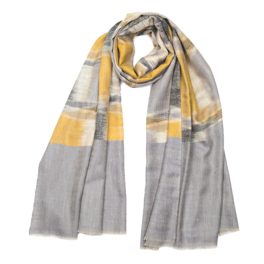 Ikat Cashmere Pashmina Stole - Light Blue & Mustard
