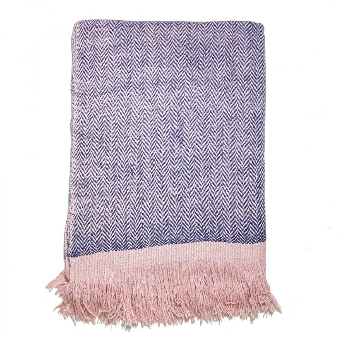 Blue & Pink Tassels Herringbone Cashmere Blanket (Made to Order)
