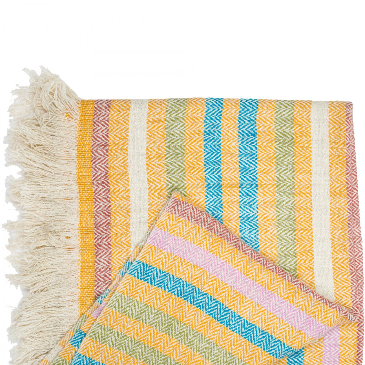 Teal & Yellow Stripes Herringbone Weave Cashmere Blanket