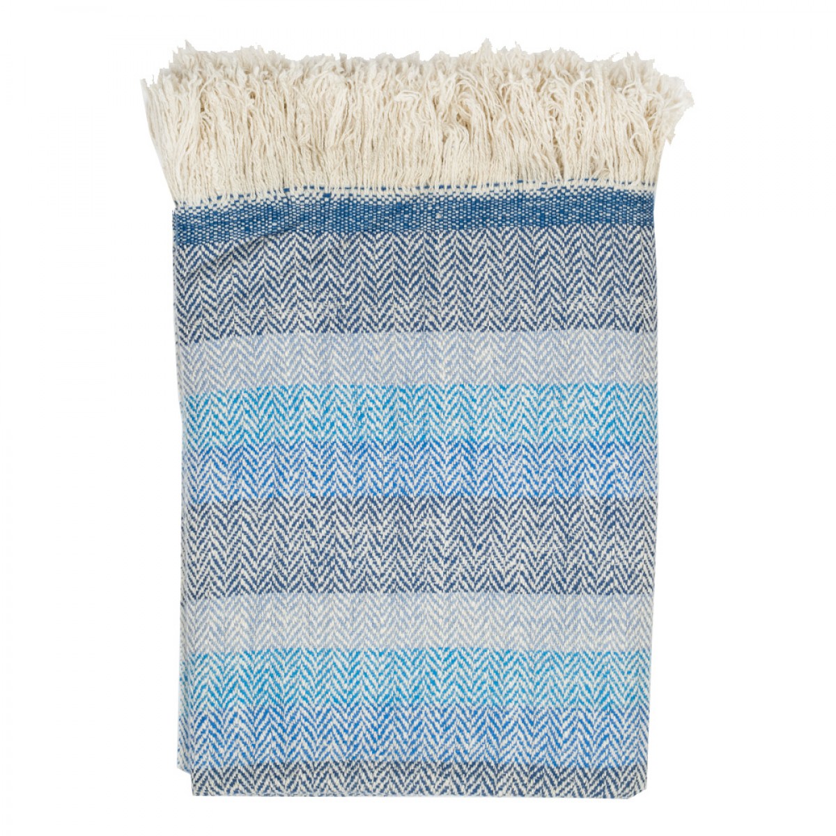 Blue and Natural Stripes Herringbone Weave Cashmere Blanket