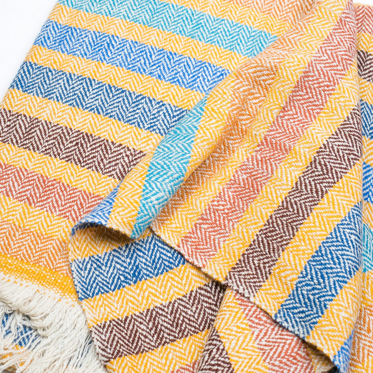 Blue and Yellow Stripes Herringbone Cashmere Blanket (Made to Order)