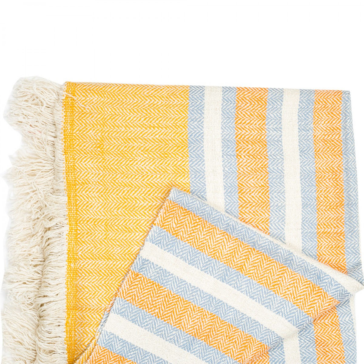 Blue and Mustard Stripes Herringbone Weave Cashmere Blanket 