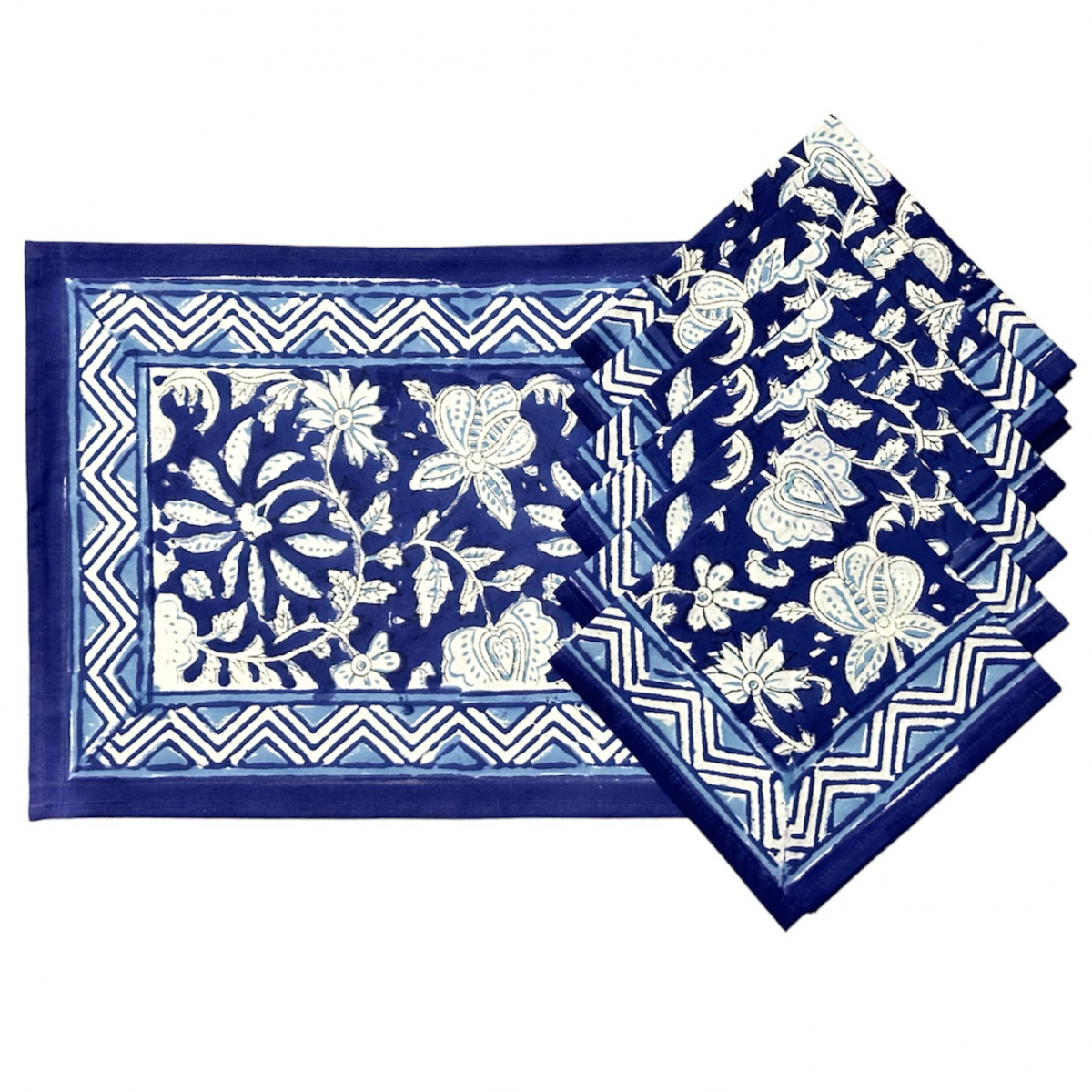 Block Printed Table Mat & Napkin Set - Sodalite Blue (set of 6) 