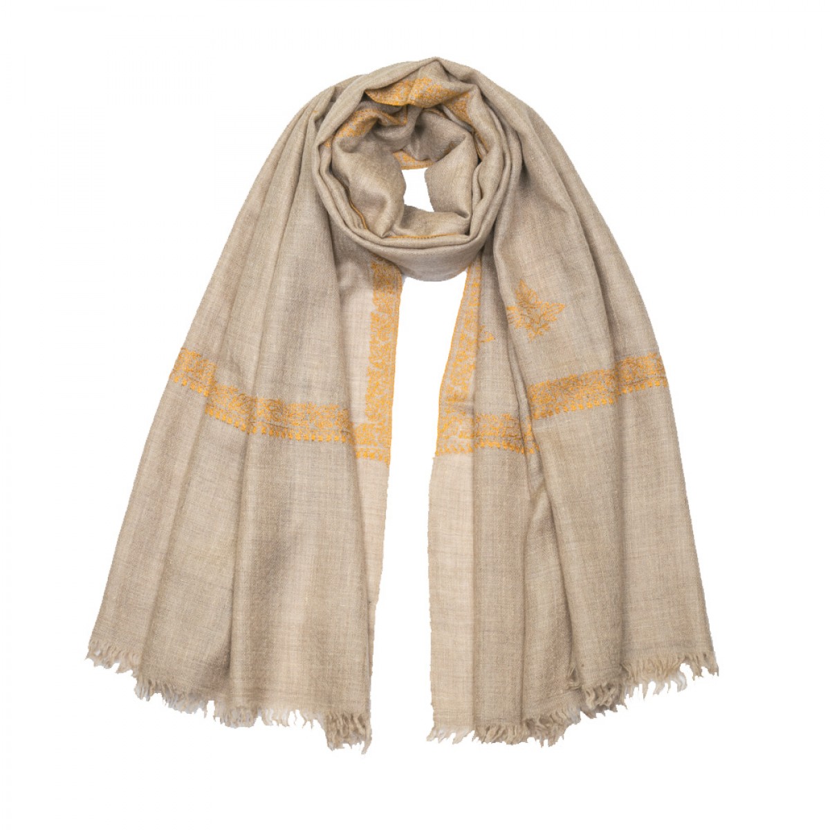 Embroidered Pashmina stole - Natural & Mustard