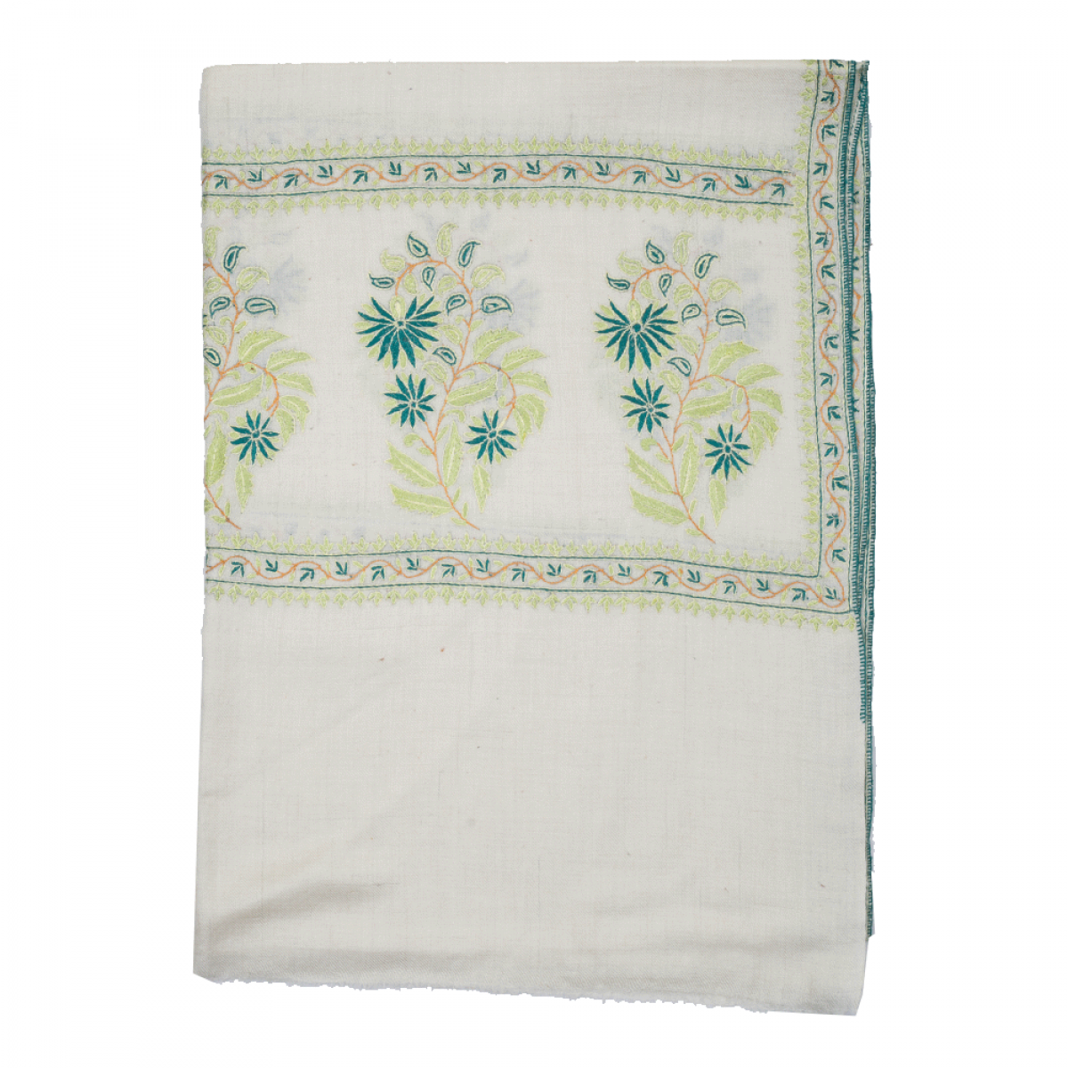 Embroidered Pashmina Stole - Off White & Green