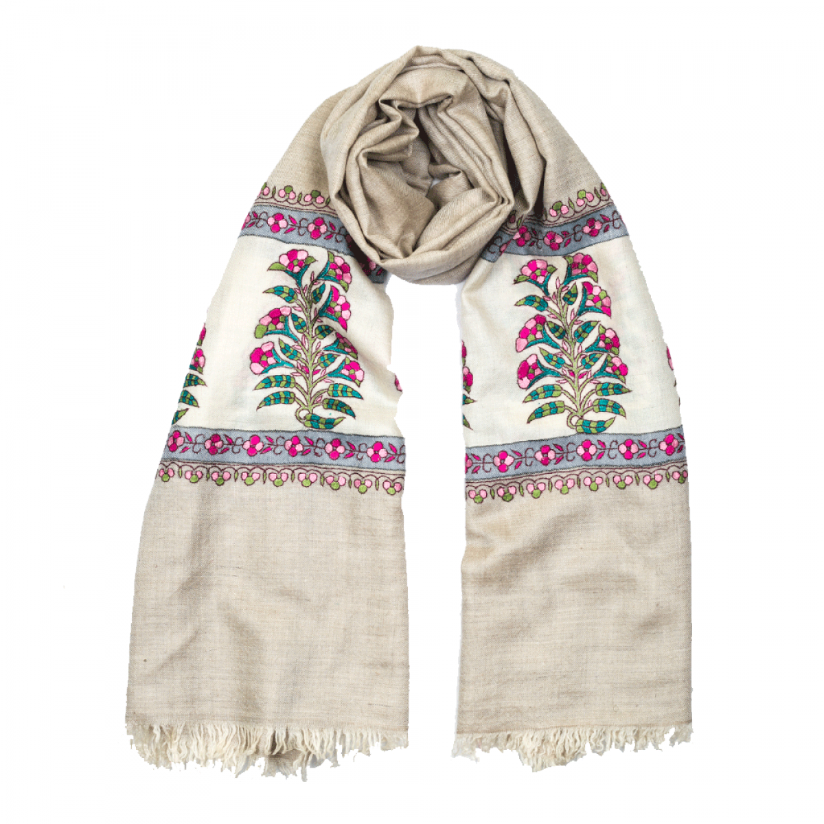 Embroidered Pashmina Stole - Beige & Pink