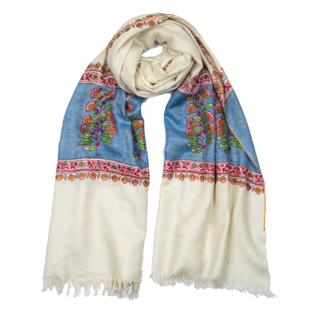 Embroidered Pashmina Stole - Off White & Blue