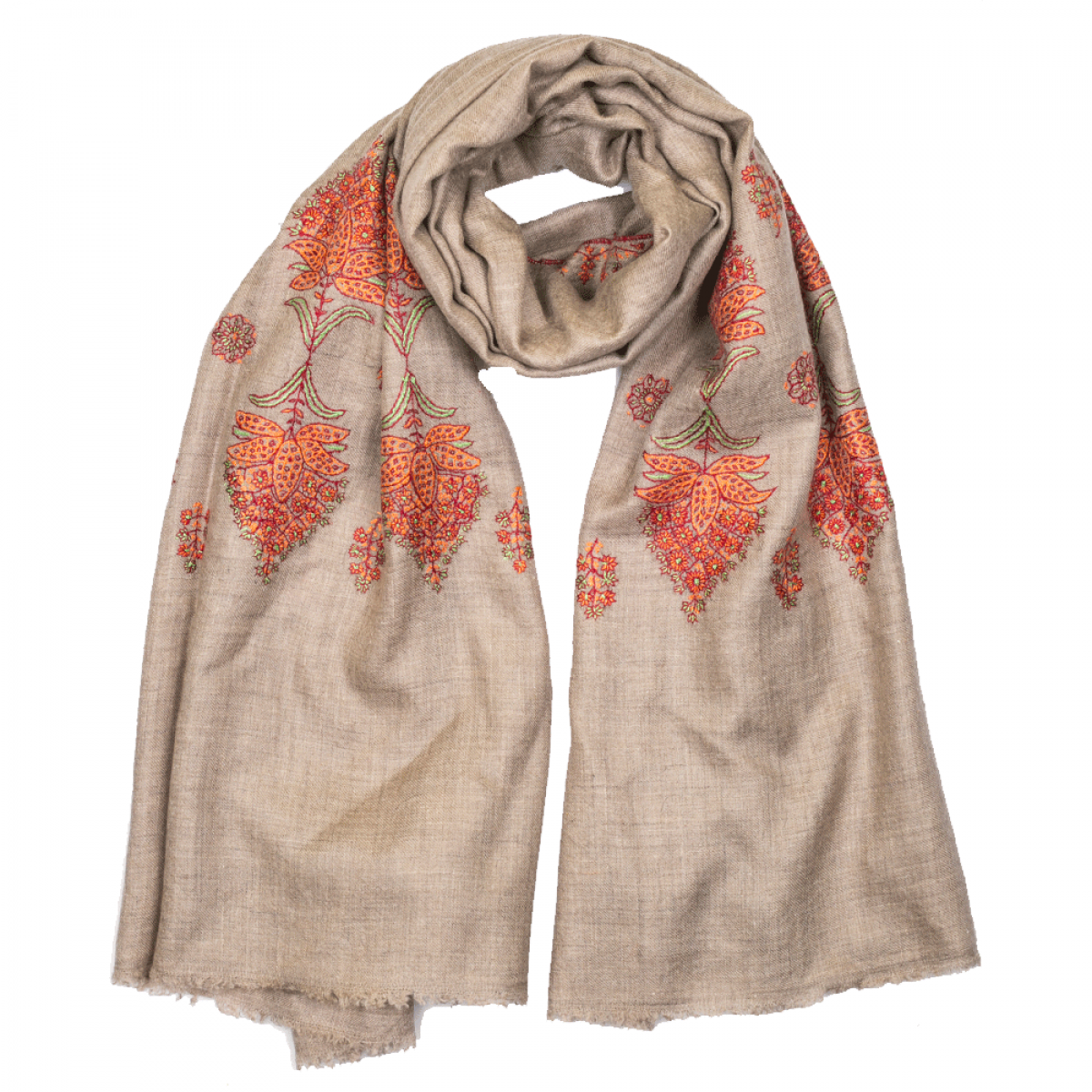 Embroidered Pashmina Stole - Natural & Red