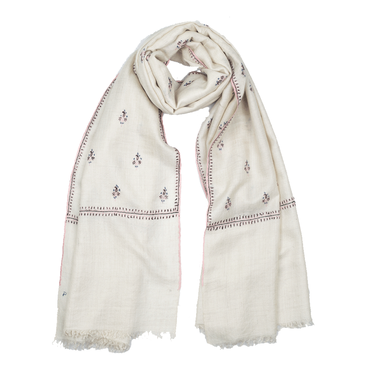 Embroidered Pashmina Stole - White & Pink