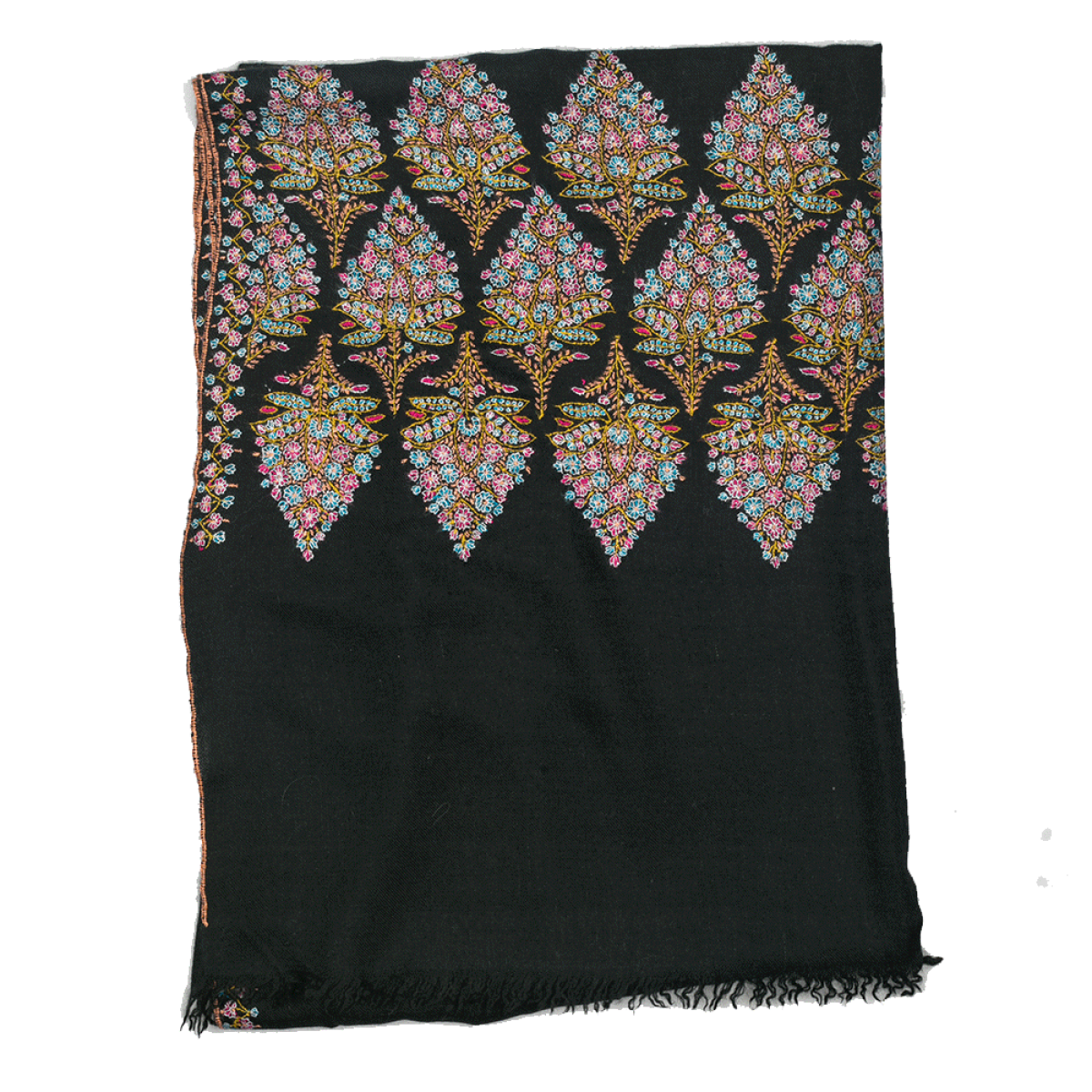 Embroidered Pashmina Shawl - Black / Pink & Blue Motif