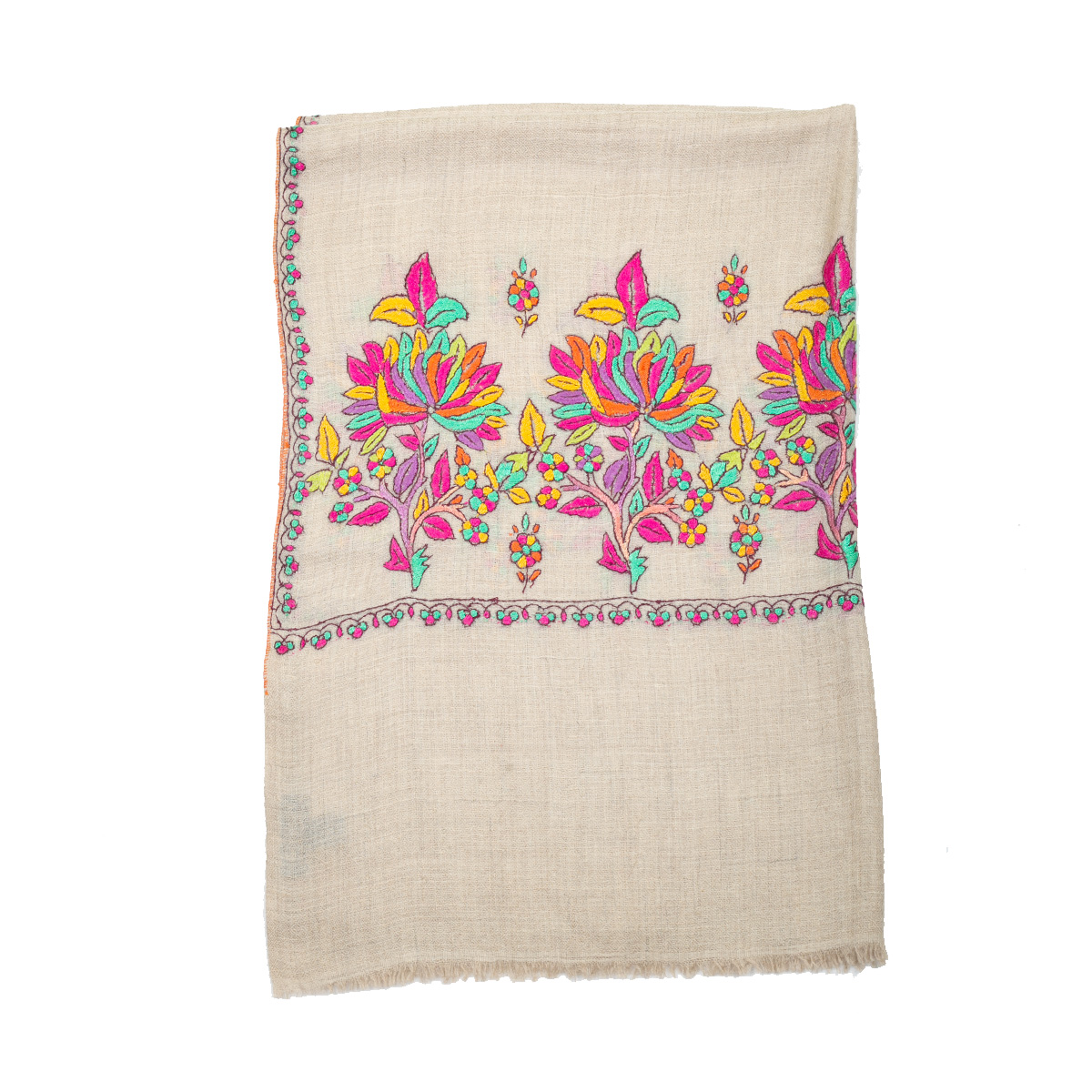 Hand Embroidered Cashmere Pashmina Stole - Natural