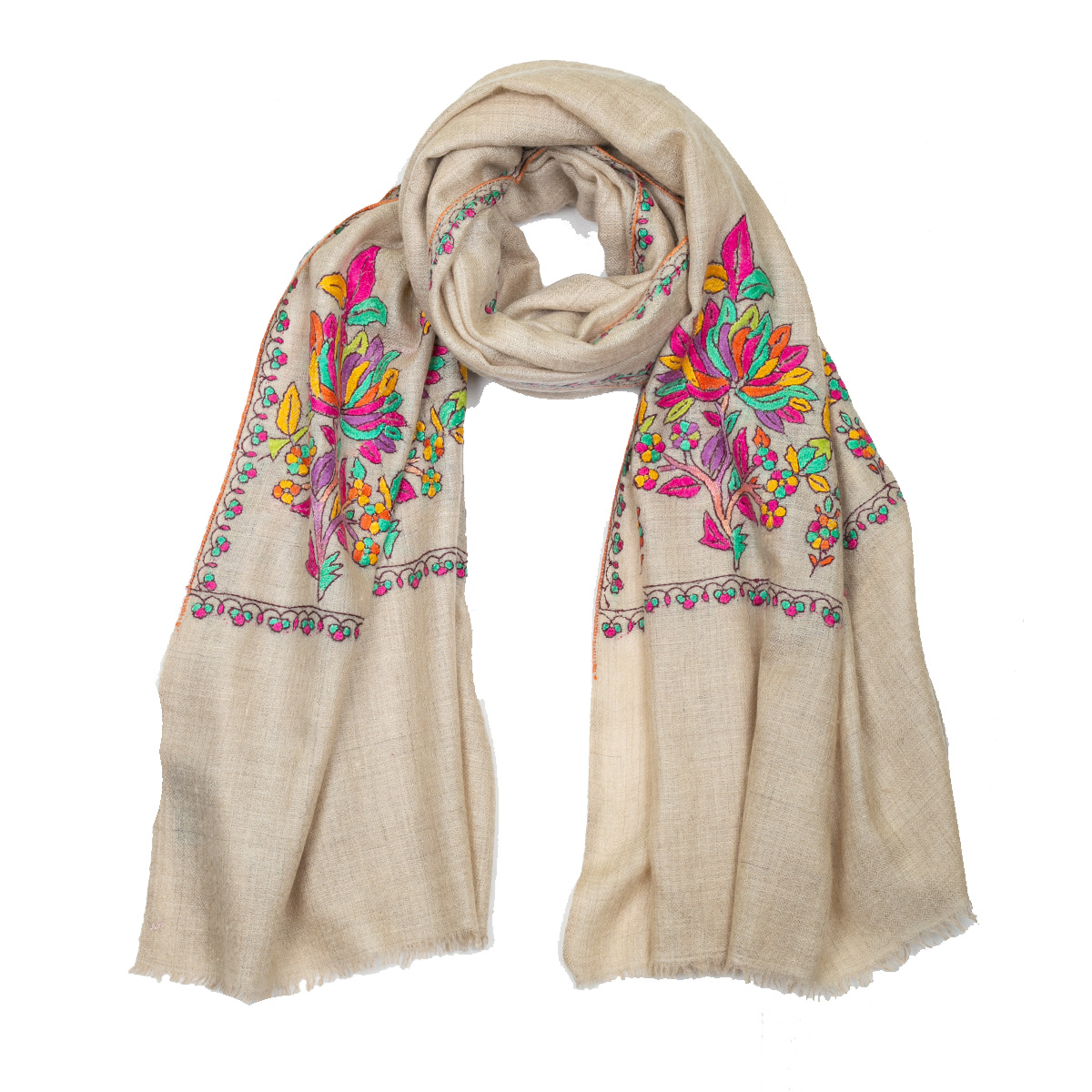 Hand Embroidered Cashmere Pashmina Stole - Natural
