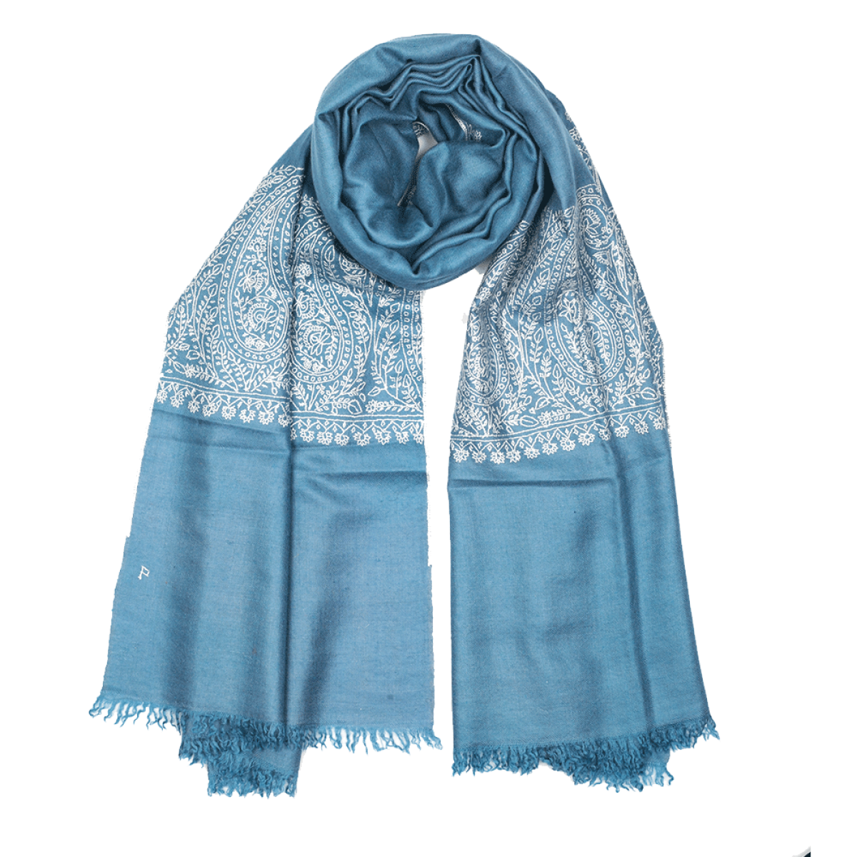 Embroidered Pashmina Stole - Frost Blue & White