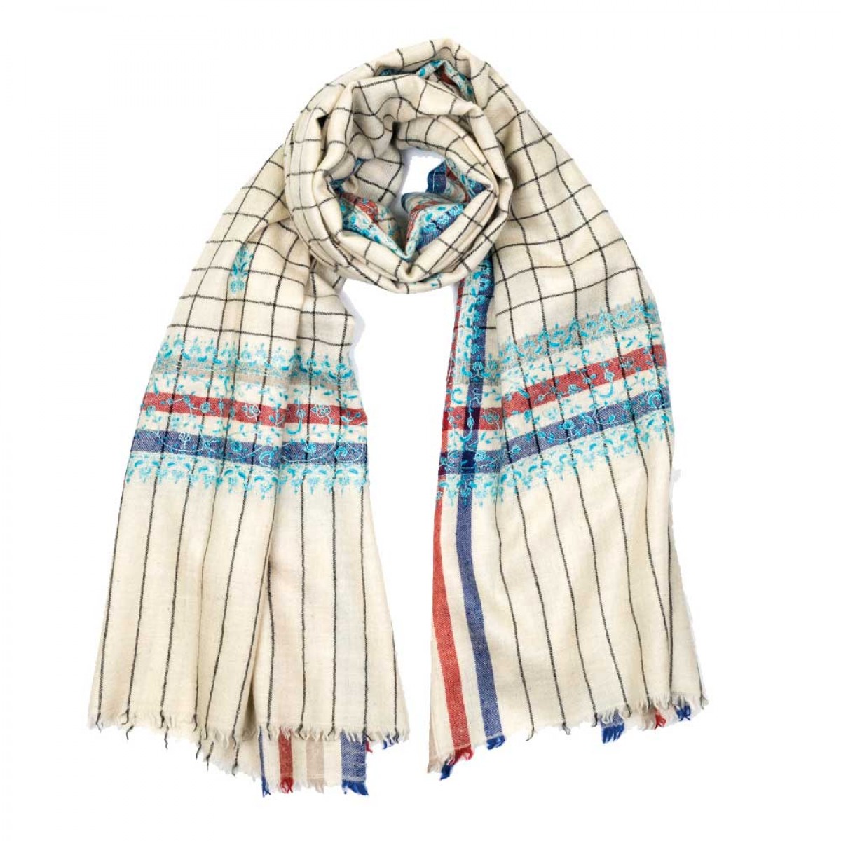 Embroidered Pashmina Stole - Natural & Blue 