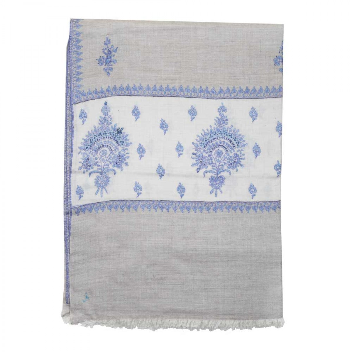 Embroidered Pashmina Stole -  Blue & Natural