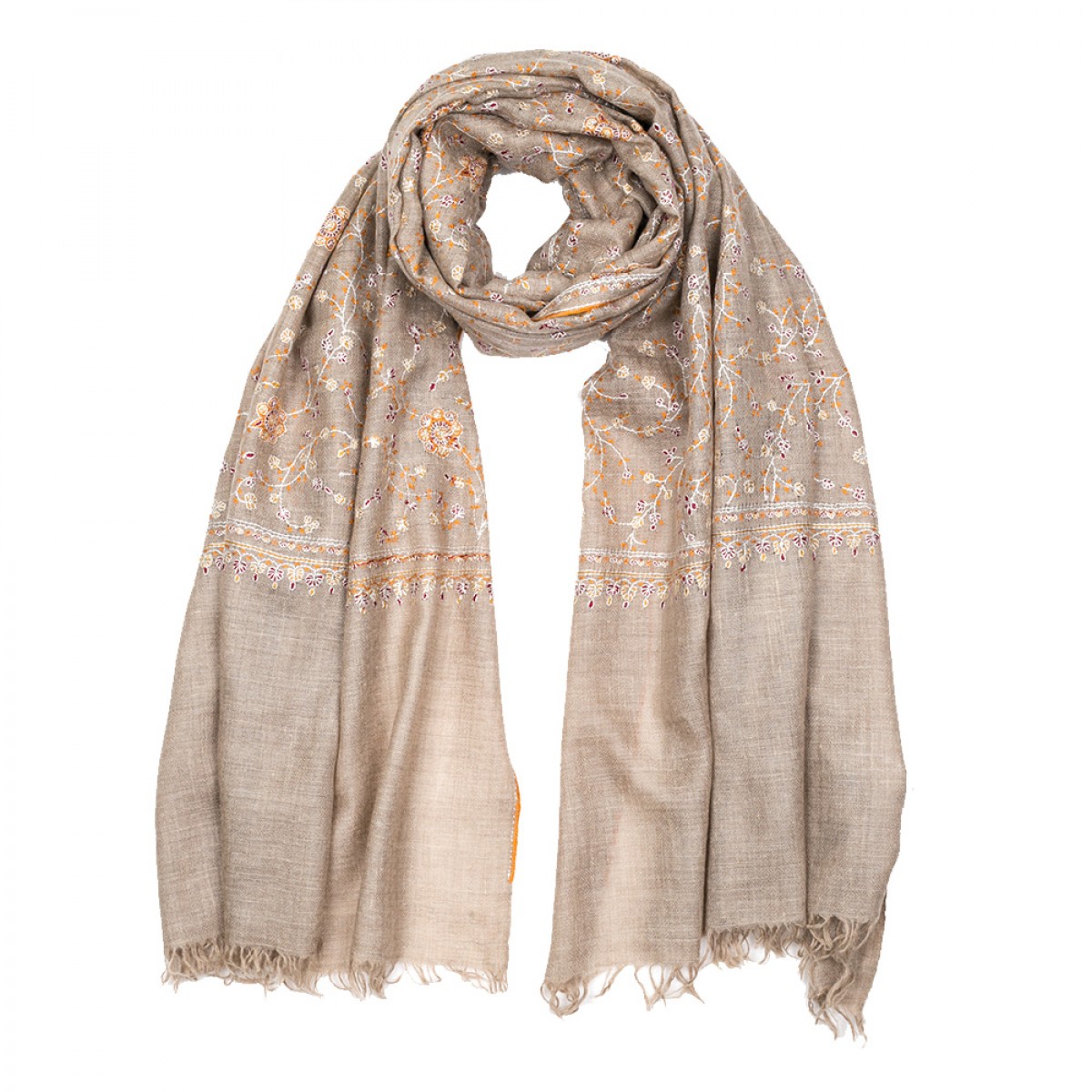 Embroidered Pashmina Stole - Natural & White