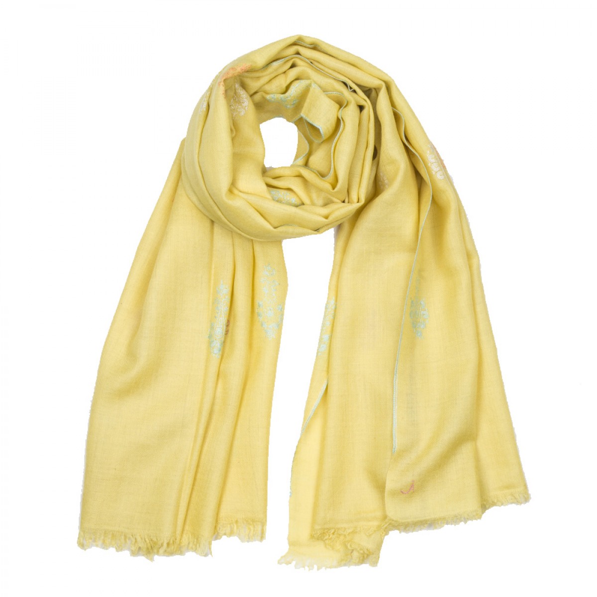 Embroidered Pashmina Stole - Baby Yellow & Blue