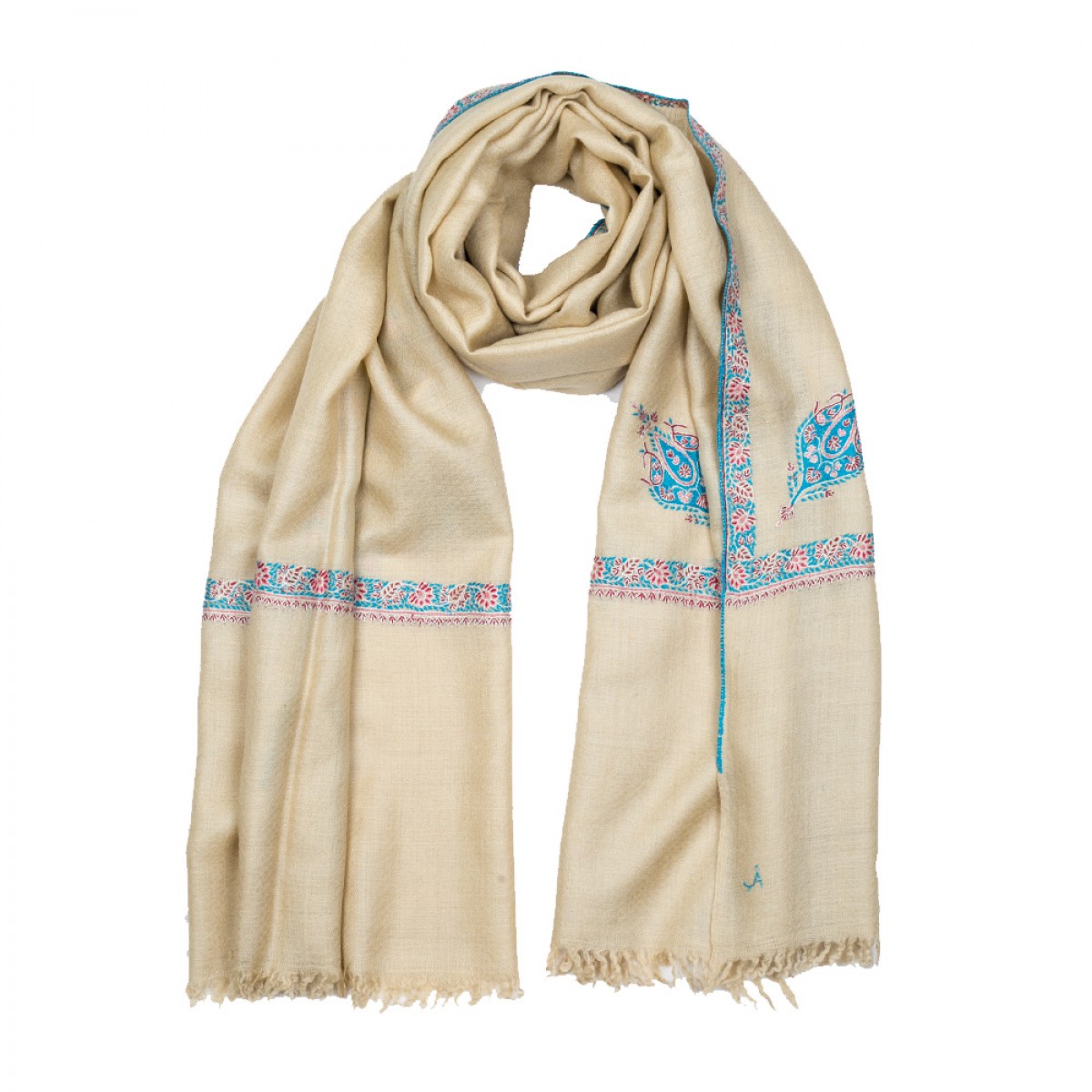 Embroidered Pashmina Stole - Sand & Turquoise