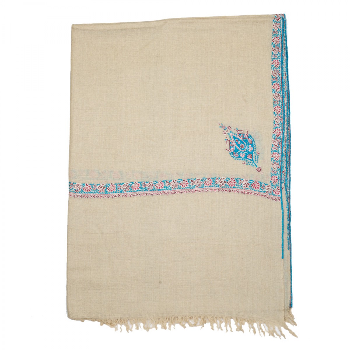 Embroidered Pashmina Stole - Sand & Turquoise