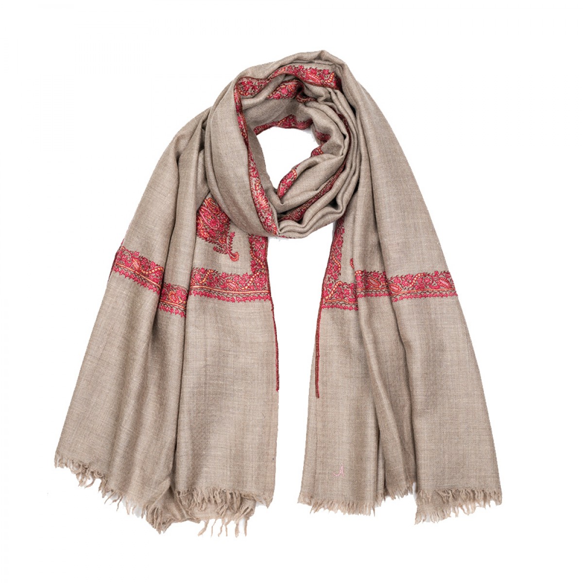 Embroidered Pashmina Stole - Natural & Dark Red