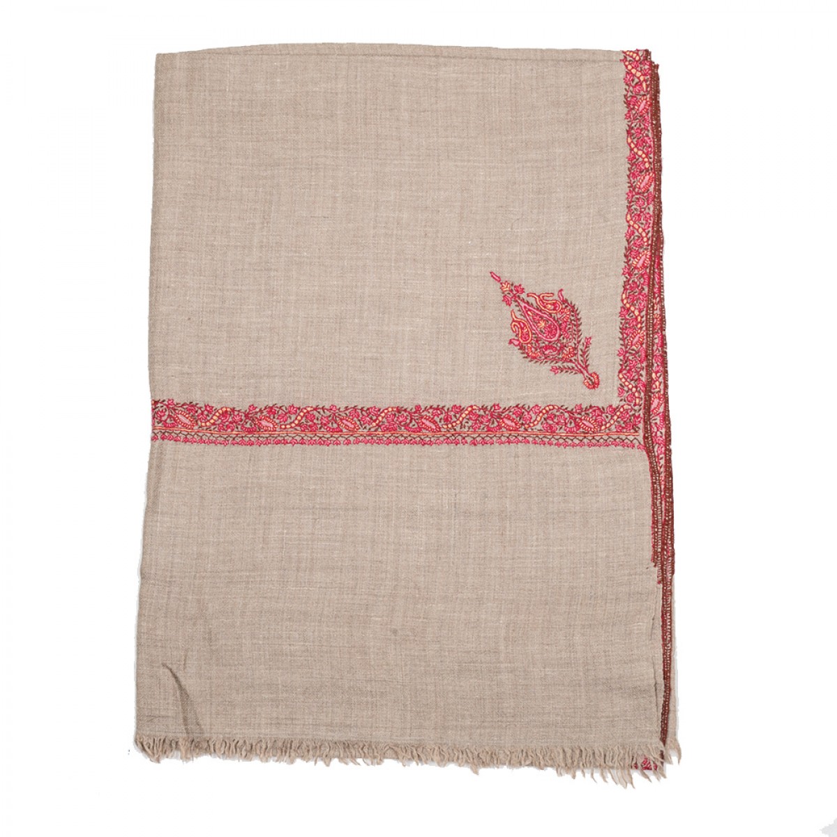 Embroidered Pashmina Stole - Natural & Dark Red