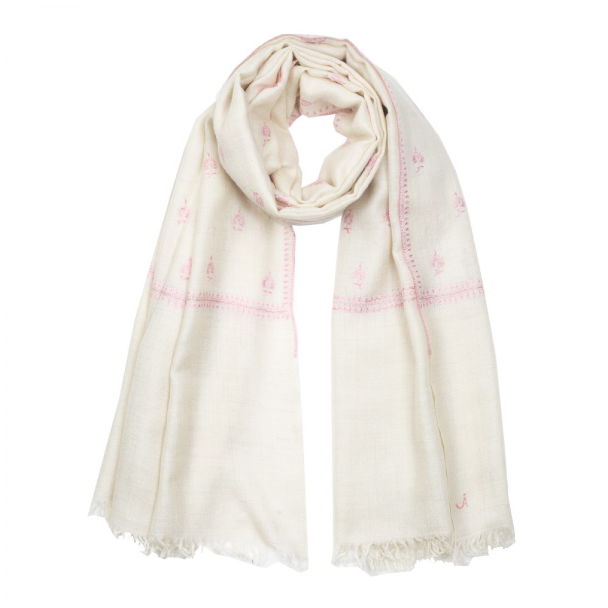 Embroidered Pashmina Stole - White & Baby Pink