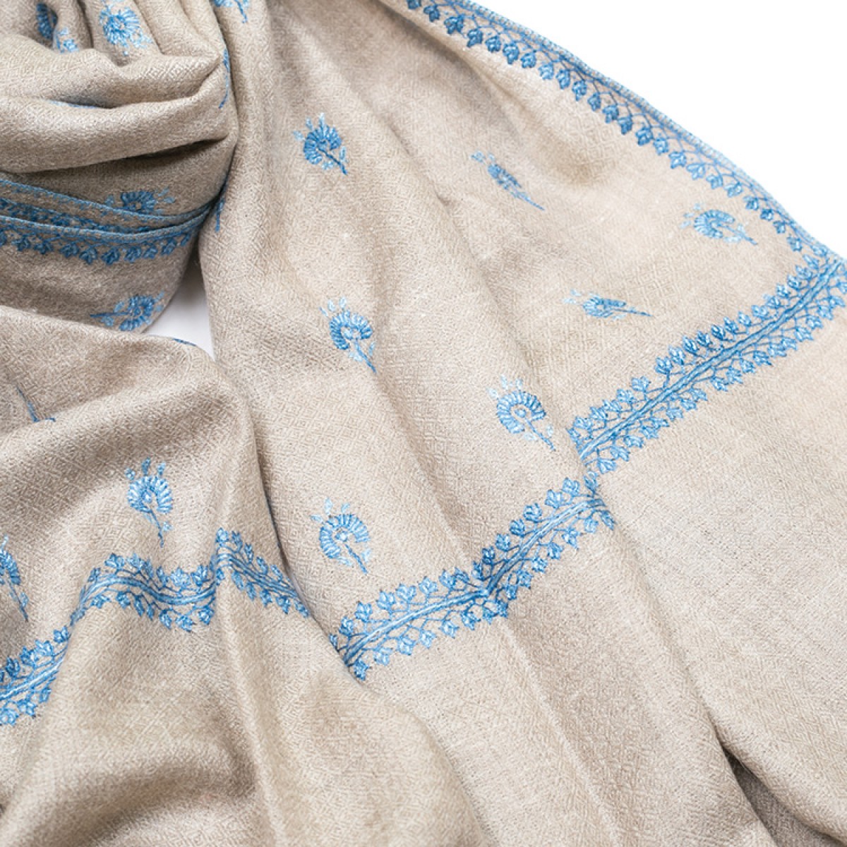 Embroidered Pashmina Stole - Natural & Blue