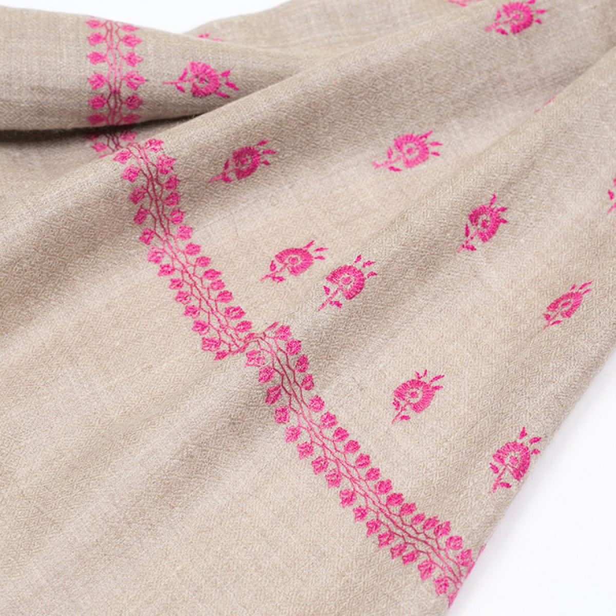 Embroidered Pashmina Stole - Natural & Magenta