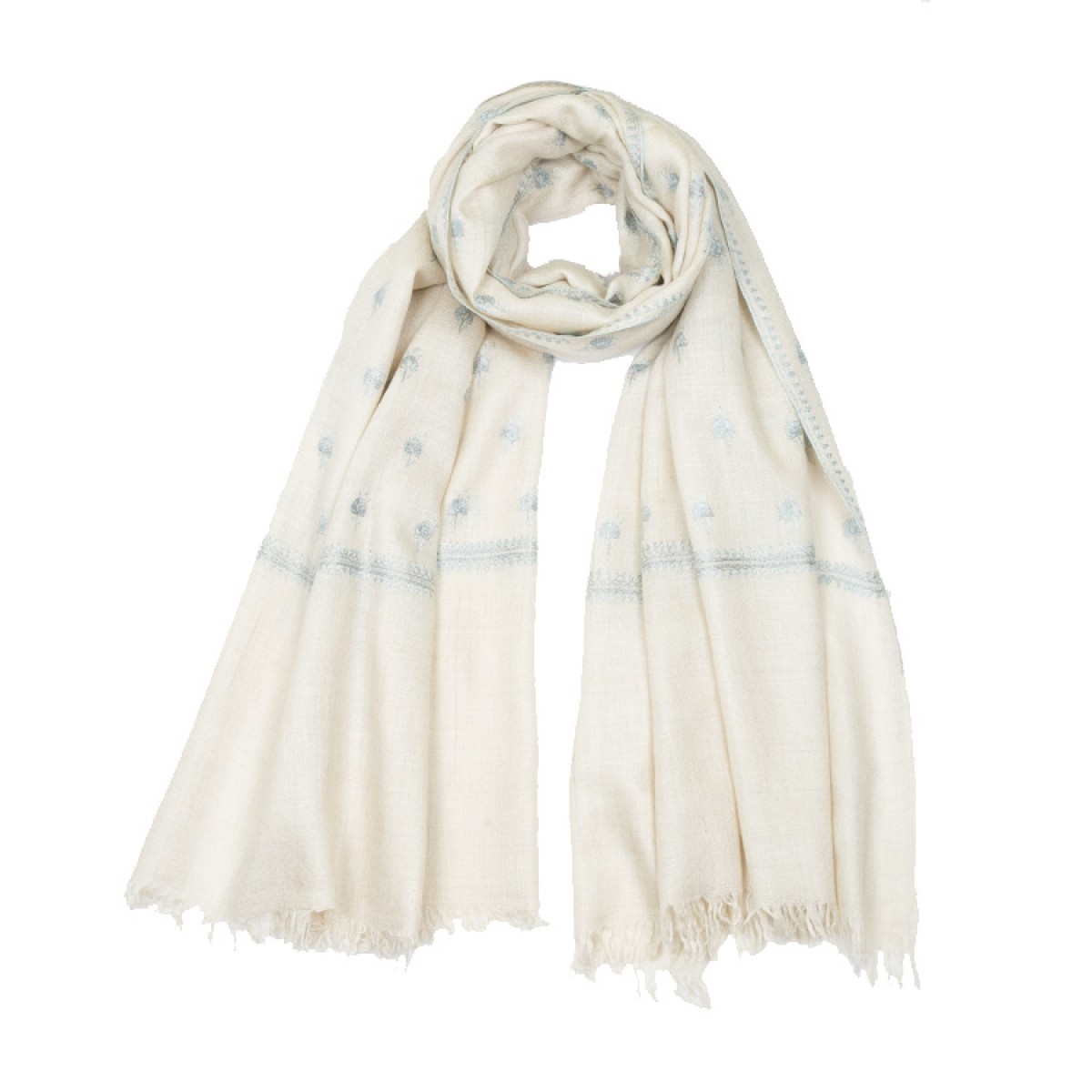 Embroidered Pashmina Stole - Off White & Baby Blue