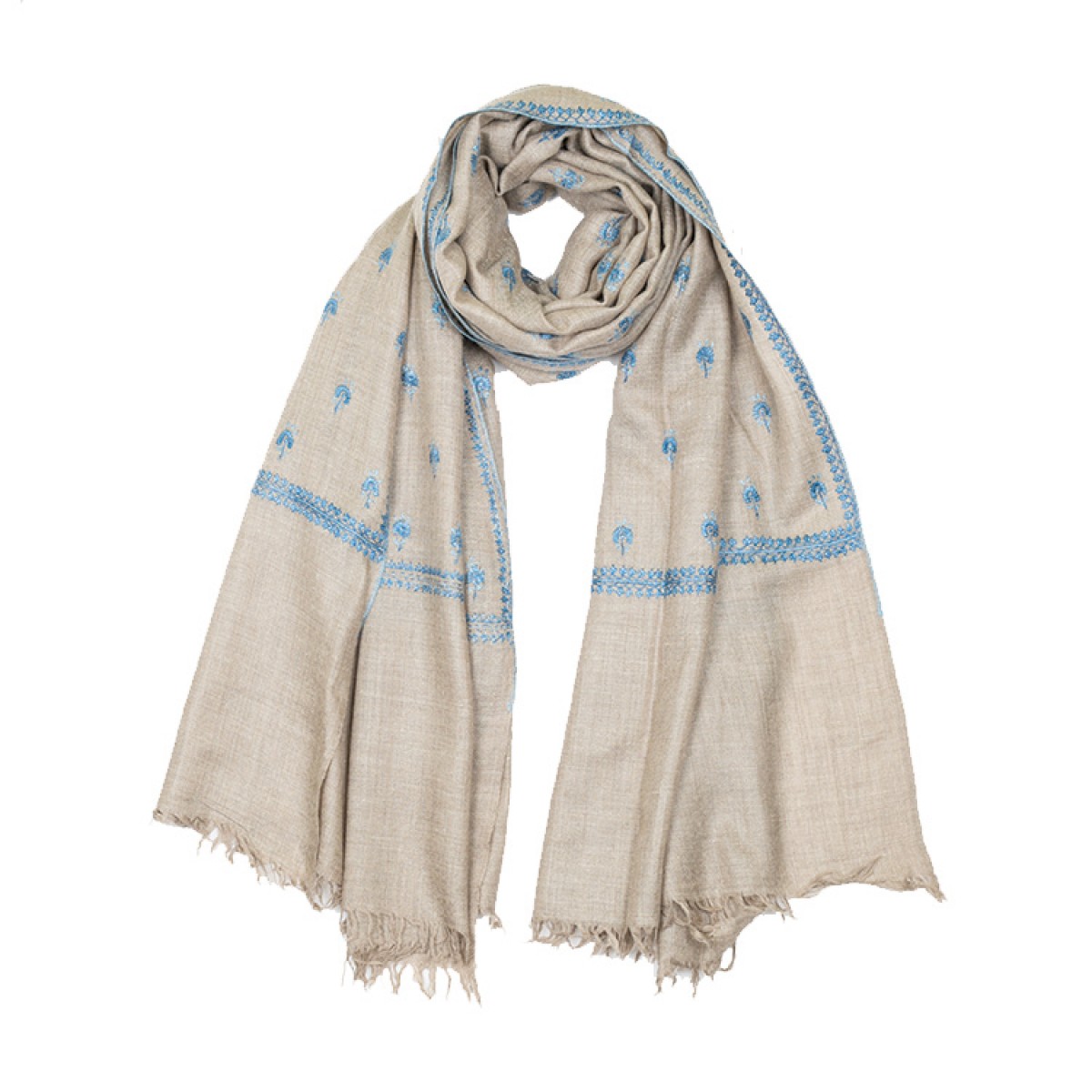 Embroidered Pashmina Stole - Natural & Blue