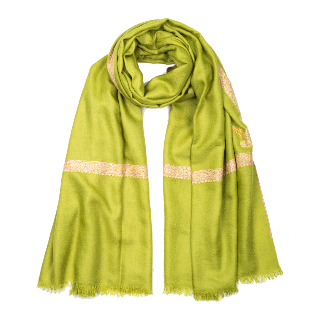 Embroidered Pashmina Stole - Bright Chartreuse Green & Pink